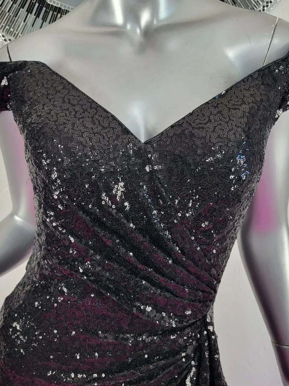 NWT~$595~TADASHI SHOJI~M~BLACK SEQUIN SLIT RUFFLE RUCHED PROM EVENING MAXI DRESS